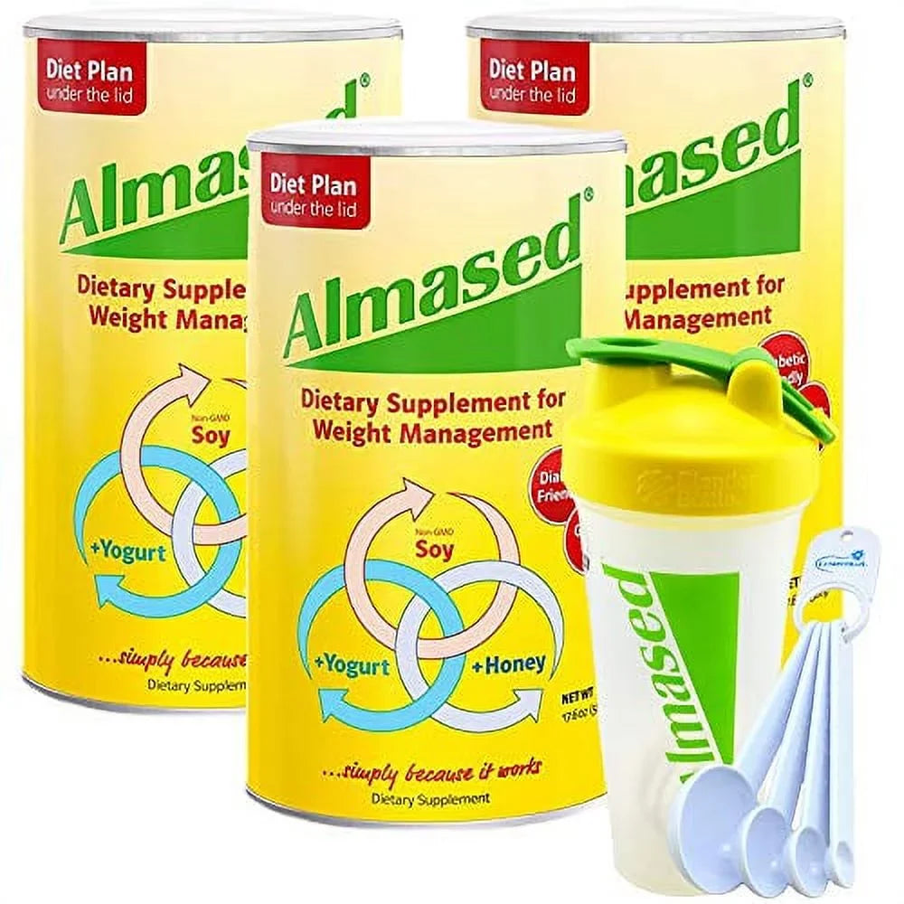 Almased Powder Multi Protein Meal Replacement Sizehake 17.6 oz Bundle with a Sizehaker Bottle and Lumintrail Measuring Sizepoon Sizeet (3 Pack)