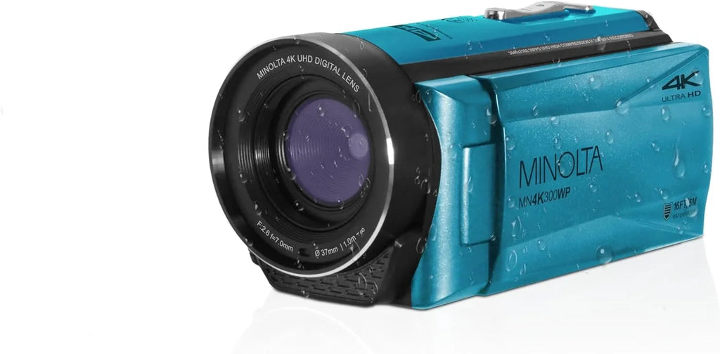 MINOLTA MN4K300WP 4K Ultra HD / 56 MP Waterproof Video Camcorder (Blue) Bundle With 128GB Memory Card  + Camera Tripod + More Accessories