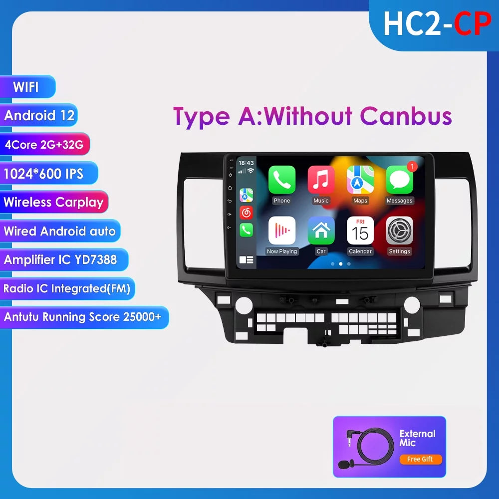 10.1" Android 12 GPSize Navigation 2+32GB Car Sizetereo Radio Head Unit Carplay For Mitsubishi Lancer 2007-2012