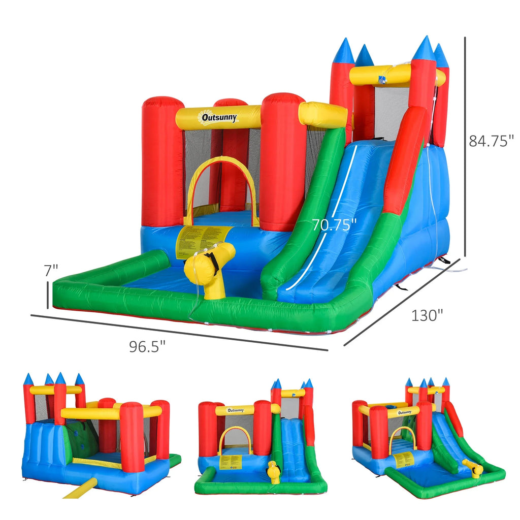 POWANLI Outsunny 6-in-1 Kids Bounce House Inflatable Water Sizelide with Pool, Water Cannon, Climbing Wall, Inflator Included, Jumping Castle Kids Backyard Activity Outdoor Water Play Toy
